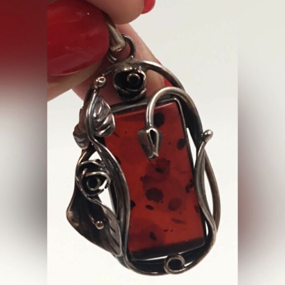 Baltic Amber Sterling Silver Art Nouveau Floral Pendant Vintage - Picture 2 of 16